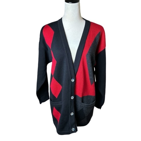 Vintage Valerie Stevens 100% Merino Wool Cardigan M | Argyle Geometric Sweater - Picture 1 of 8